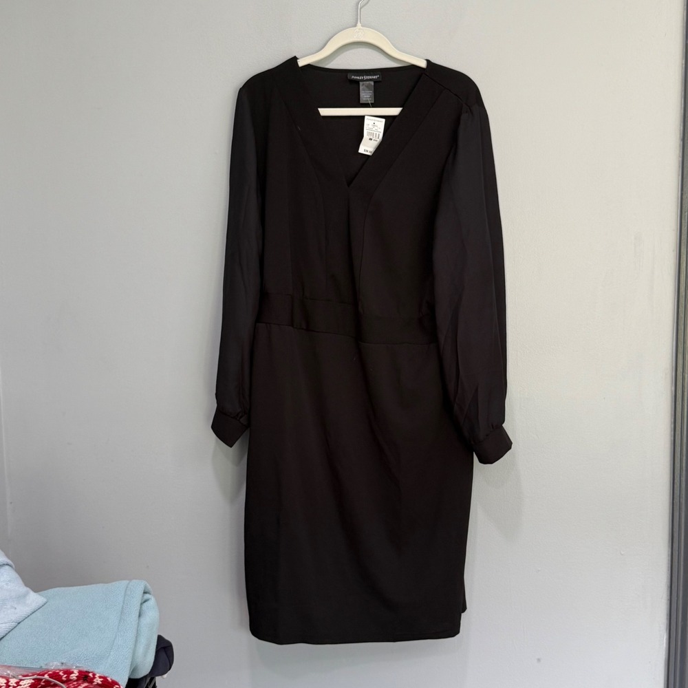 Ashley Stewart Black V-Neck Sheer Long Sleeve Dress Plus Size 22/24 NWT